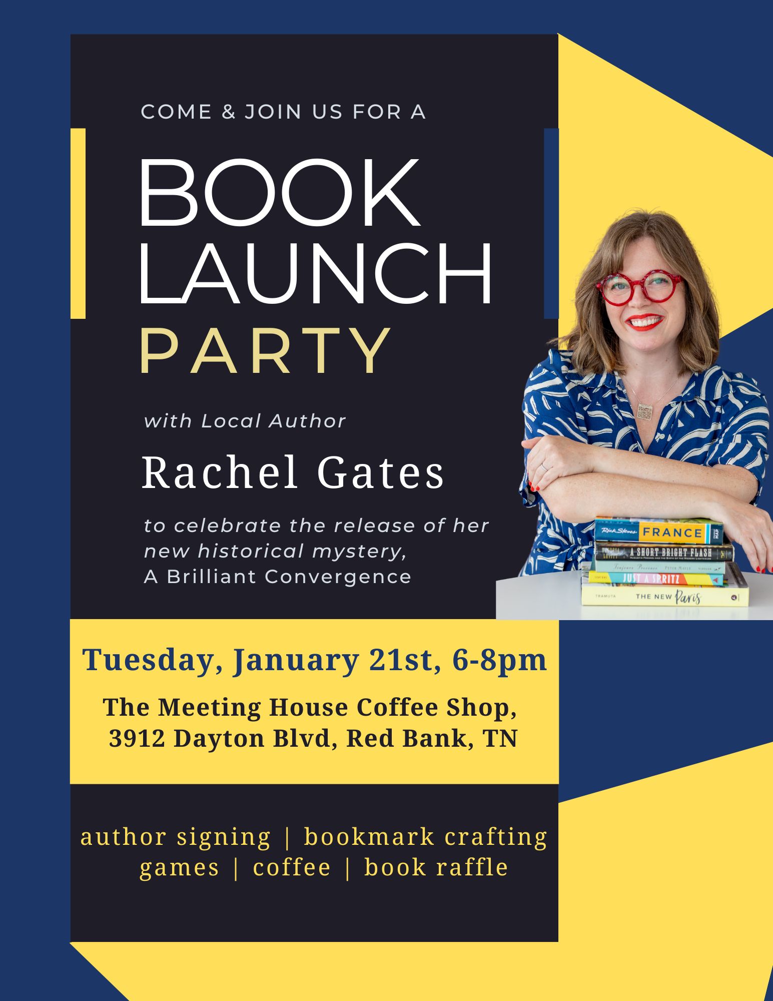 Image includes details for a book launch party to be hosted on January 21st, 2025