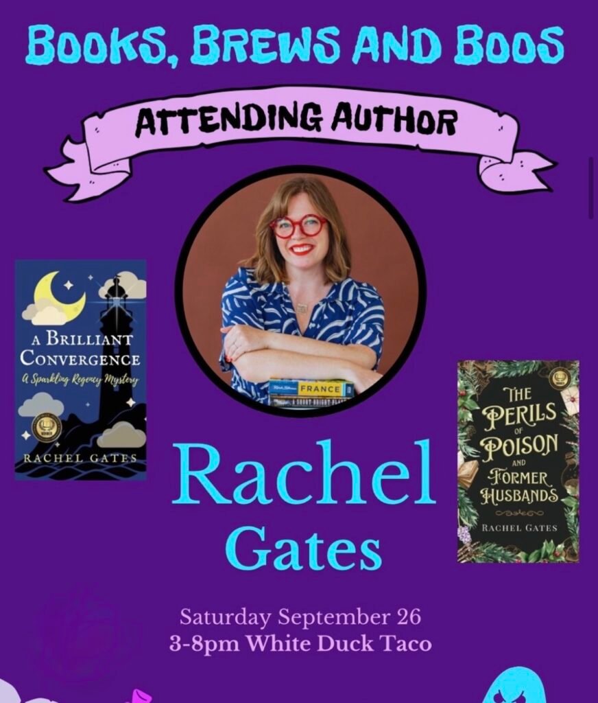 A picture of the author with her two book covers for the Books, Brews, and Boos festival on Saturday, September 26